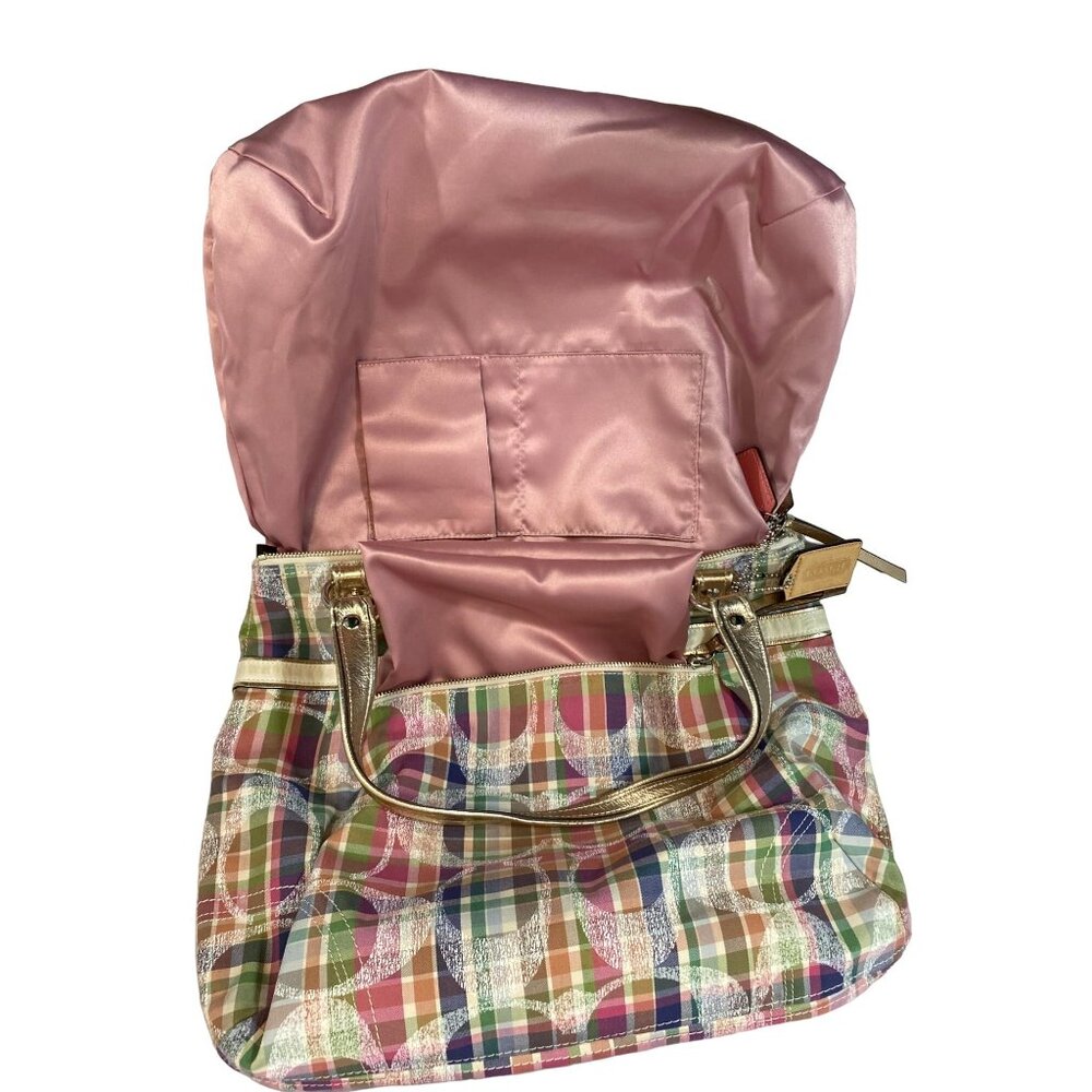 COACH Tote Shoulder Bag Poppy Multi Madras Signature Pastel Plaid Sequins - Picture 6 of 14